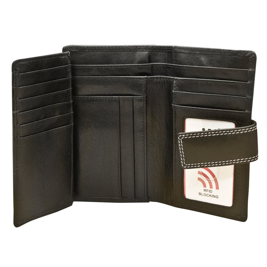 Black leather wallet with multiple card slots and an RFID blocking label on a white background