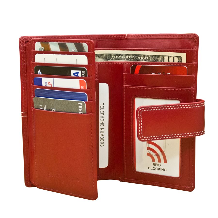 Red wallet with various cards and a money clip on a white background