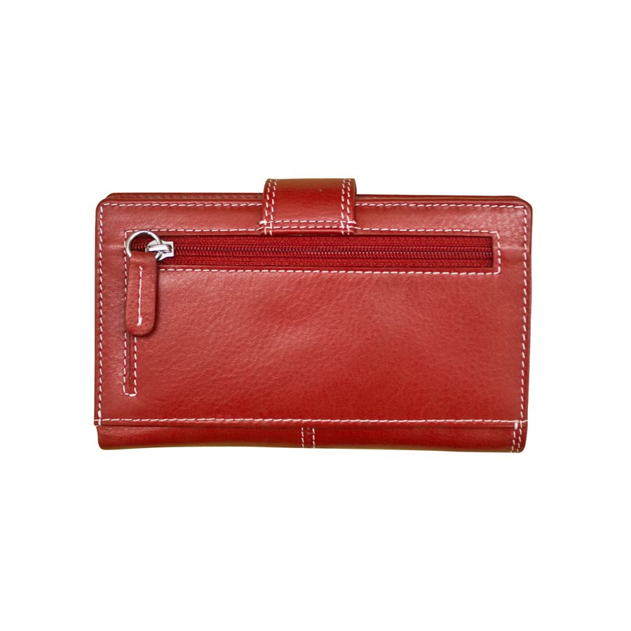 Red leather wallet with a zipper on a white background