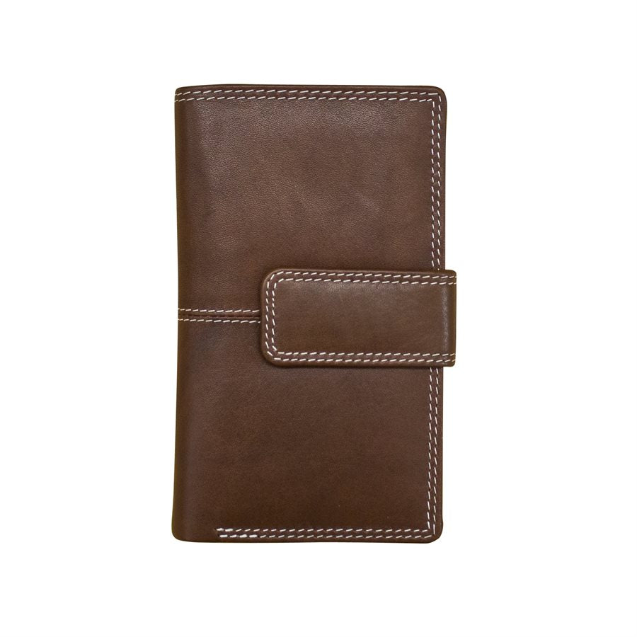 Brown leather wallet with visible stitching on a white background