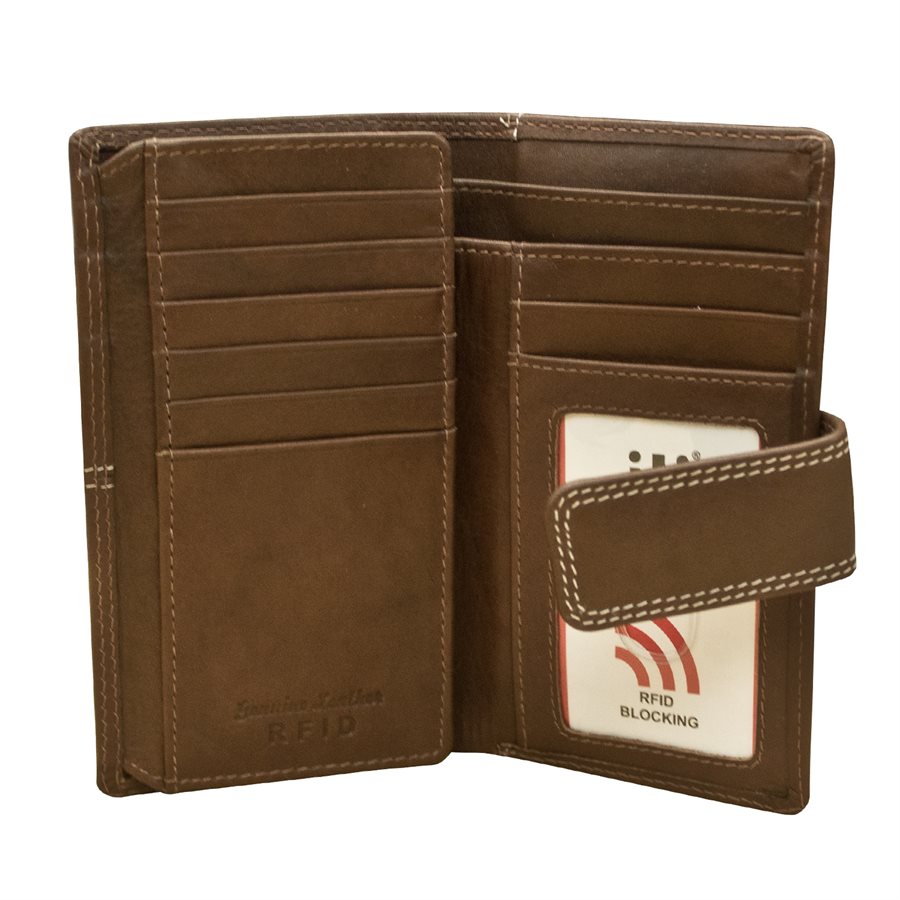 Brown leather wallet with card slots and an RFID blocking label on a white background