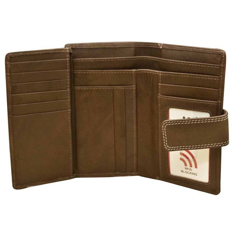 Brown leather wallet with card slots and a phone pocket on a white background