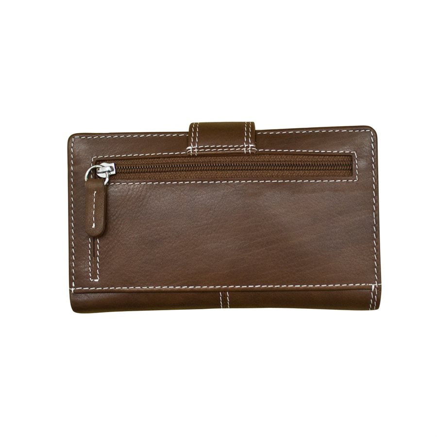 Brown leather wallet with a zipper on a white background