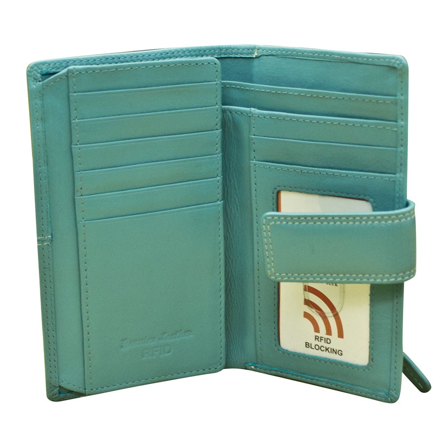 Teal wallet with card slots and an RFID blocking label on a white background