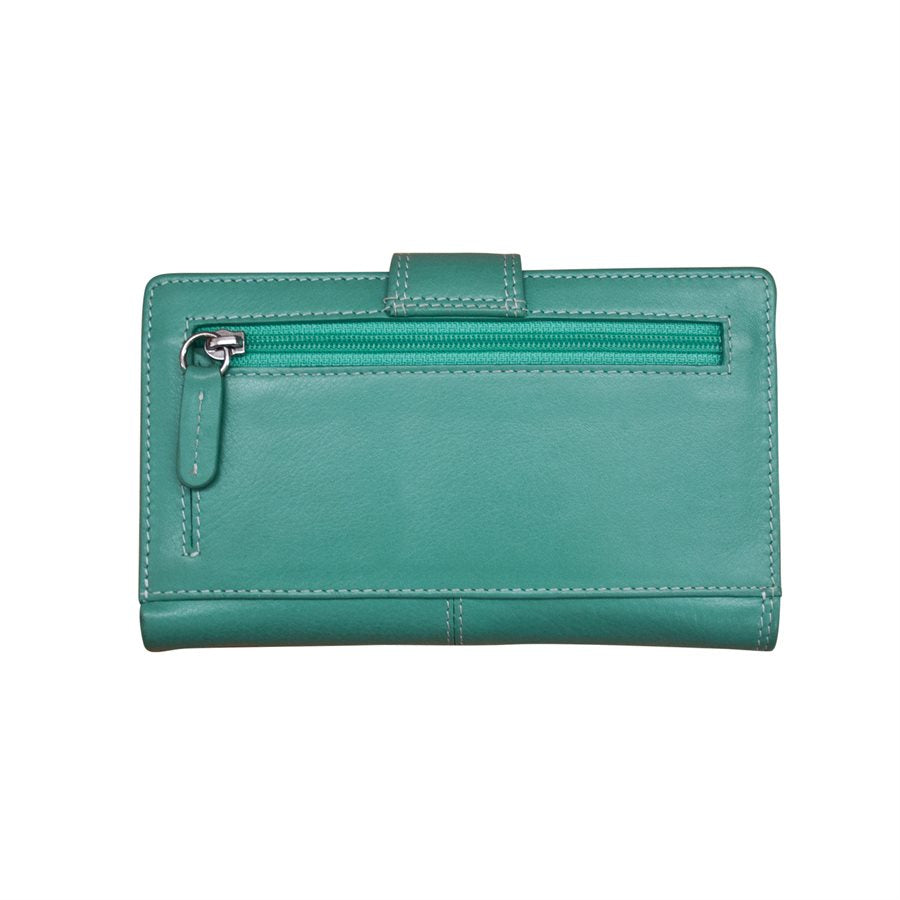 Teal wallet with a zipper on a white background