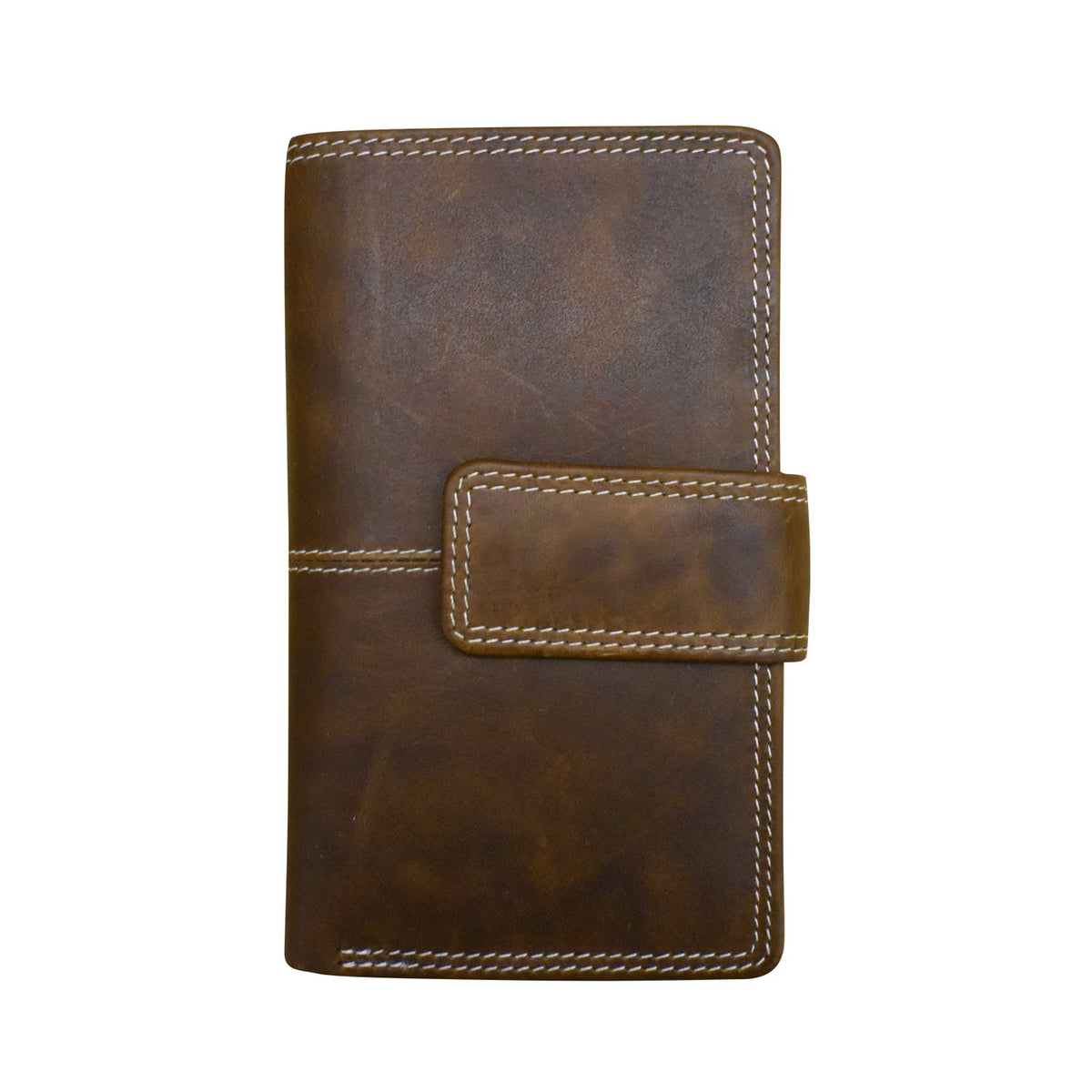 Brown leather wallet with visible stitching on a white background