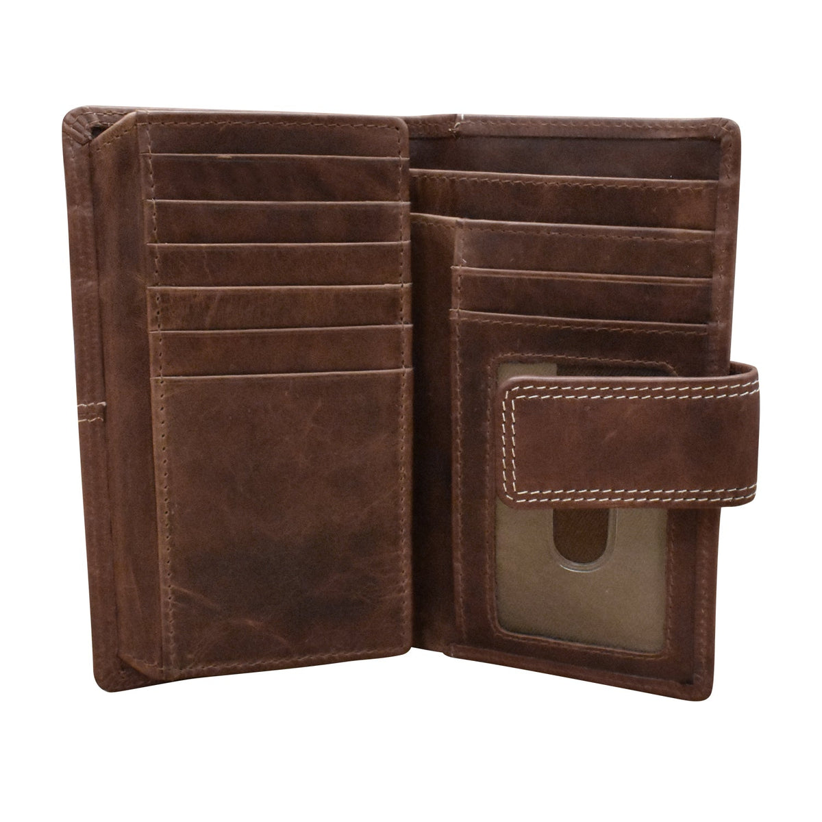 Brown leather wallet with multiple card slots on a white background