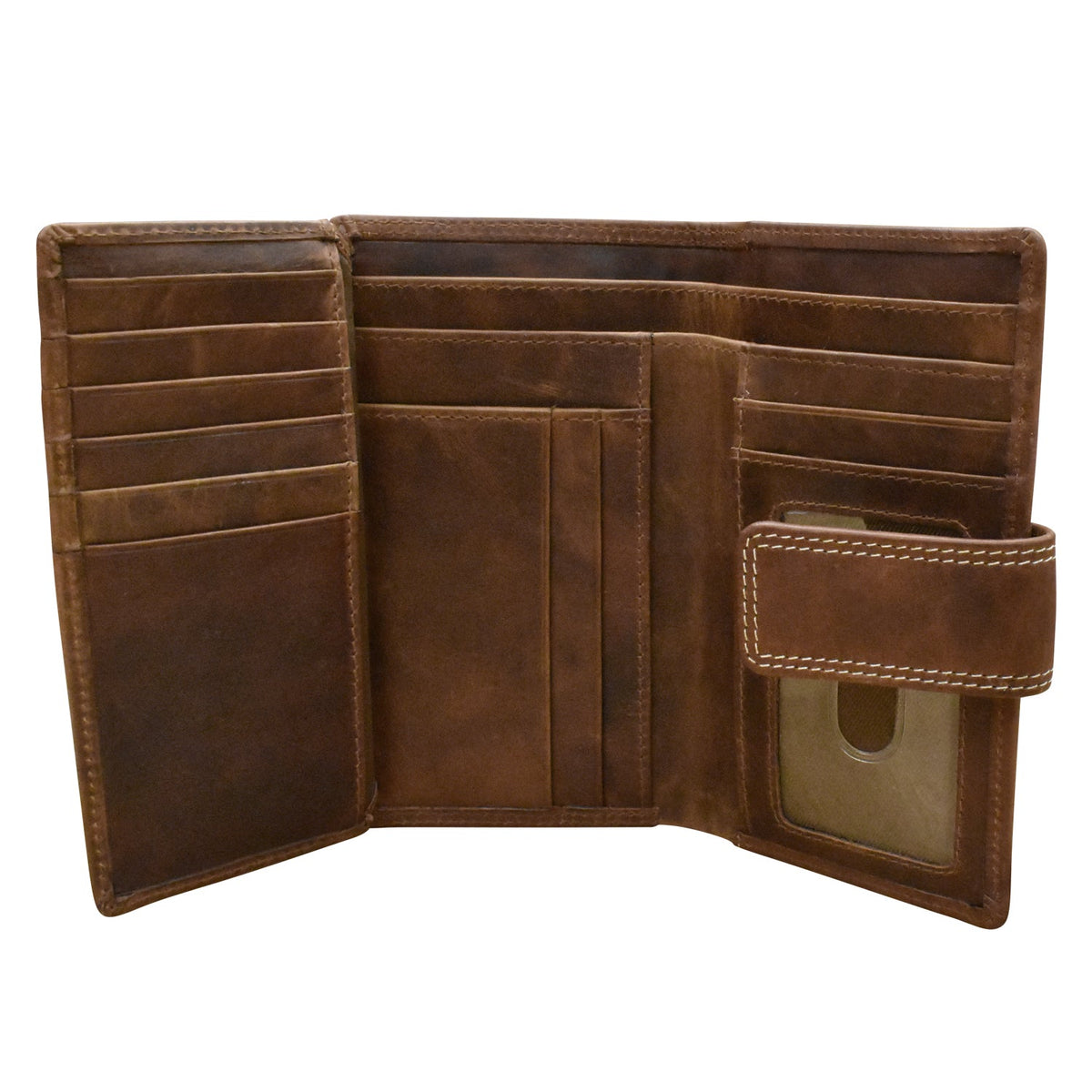 Brown leather wallet with multiple card slots on a white background