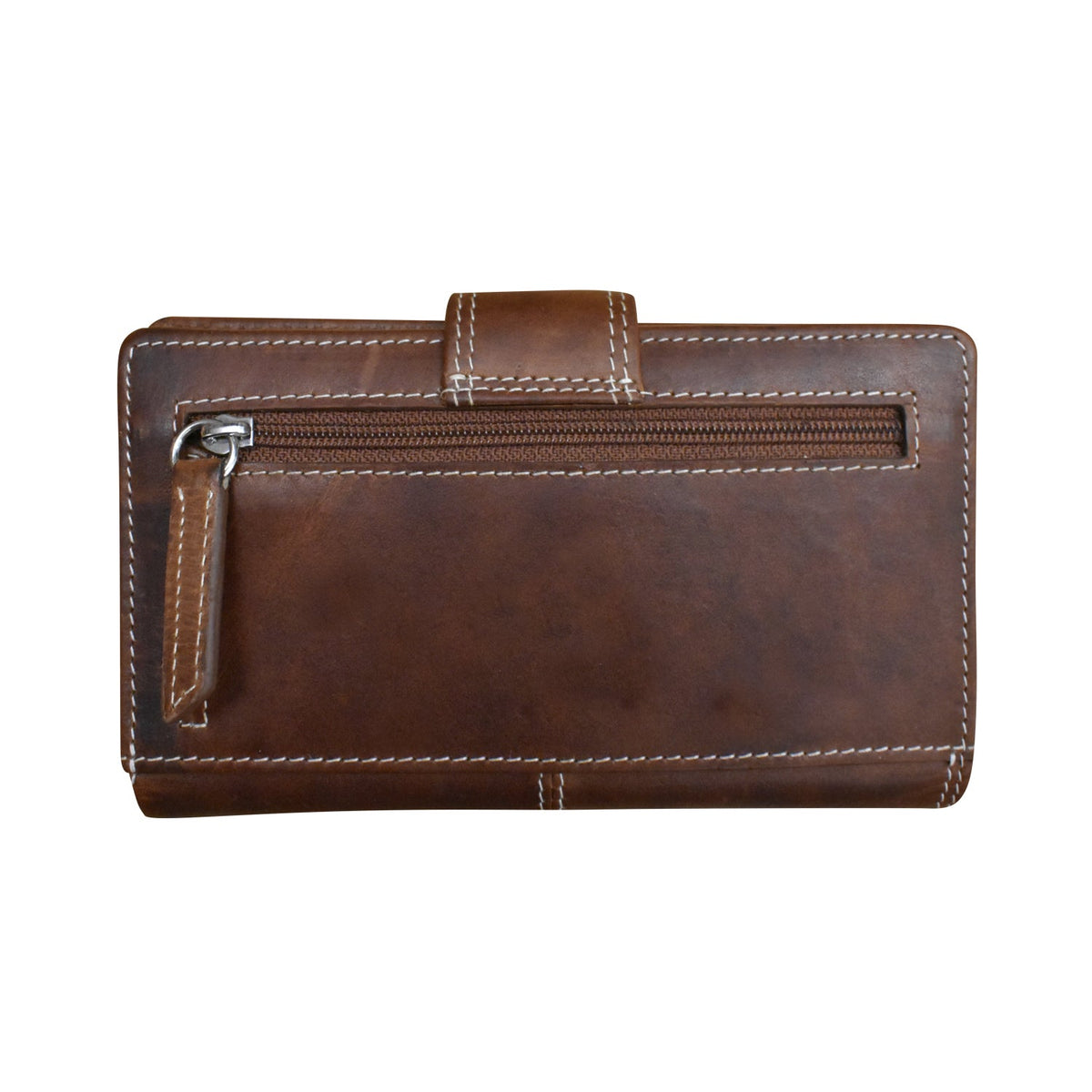 Brown leather wallet with a zipper on a white background