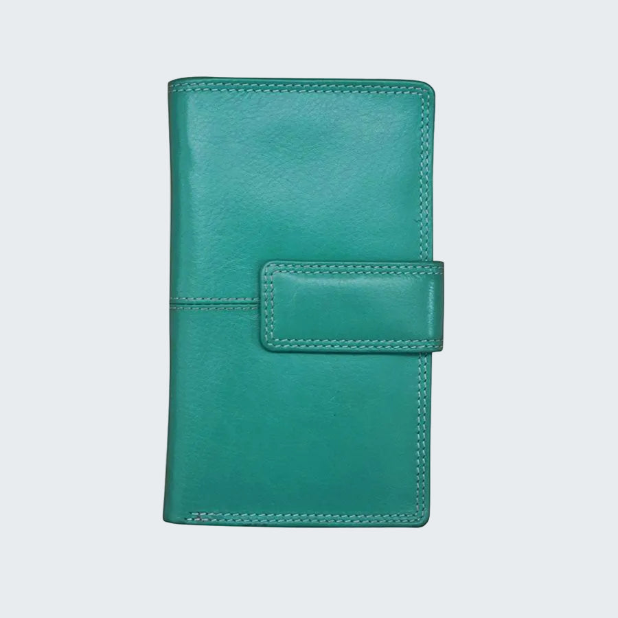 Teal leather wallet on a white background