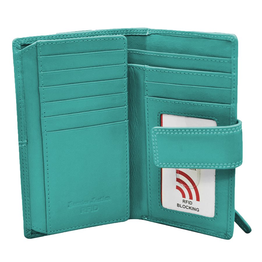 Teal wallet with card slots and an RFID blocking label on a white background