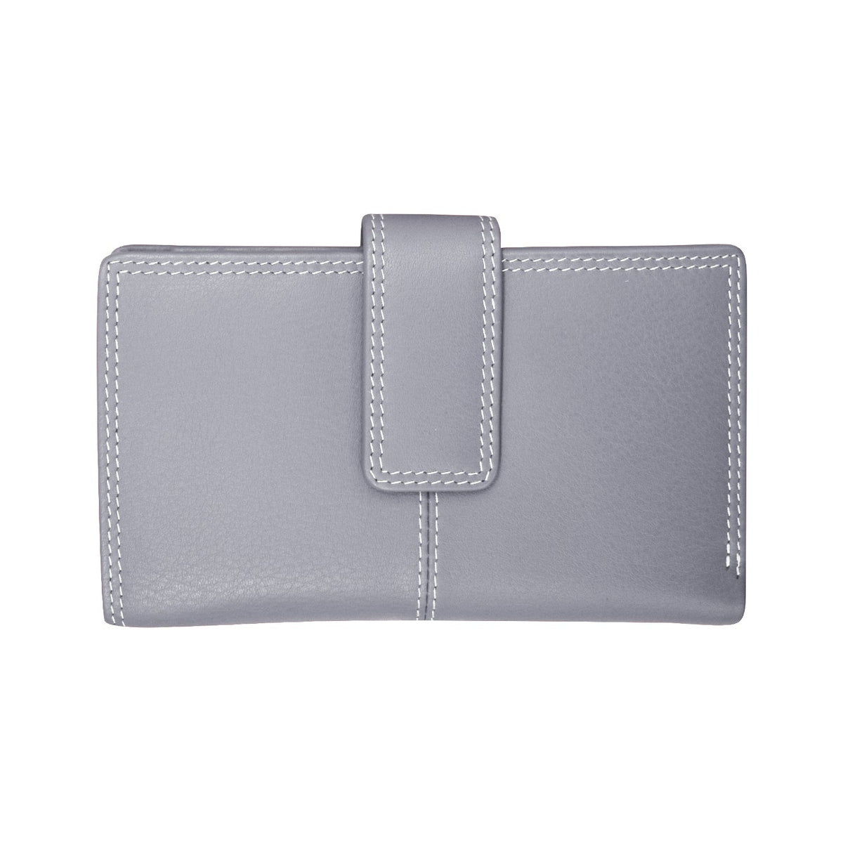 Gray wallet with white stitching on a white background