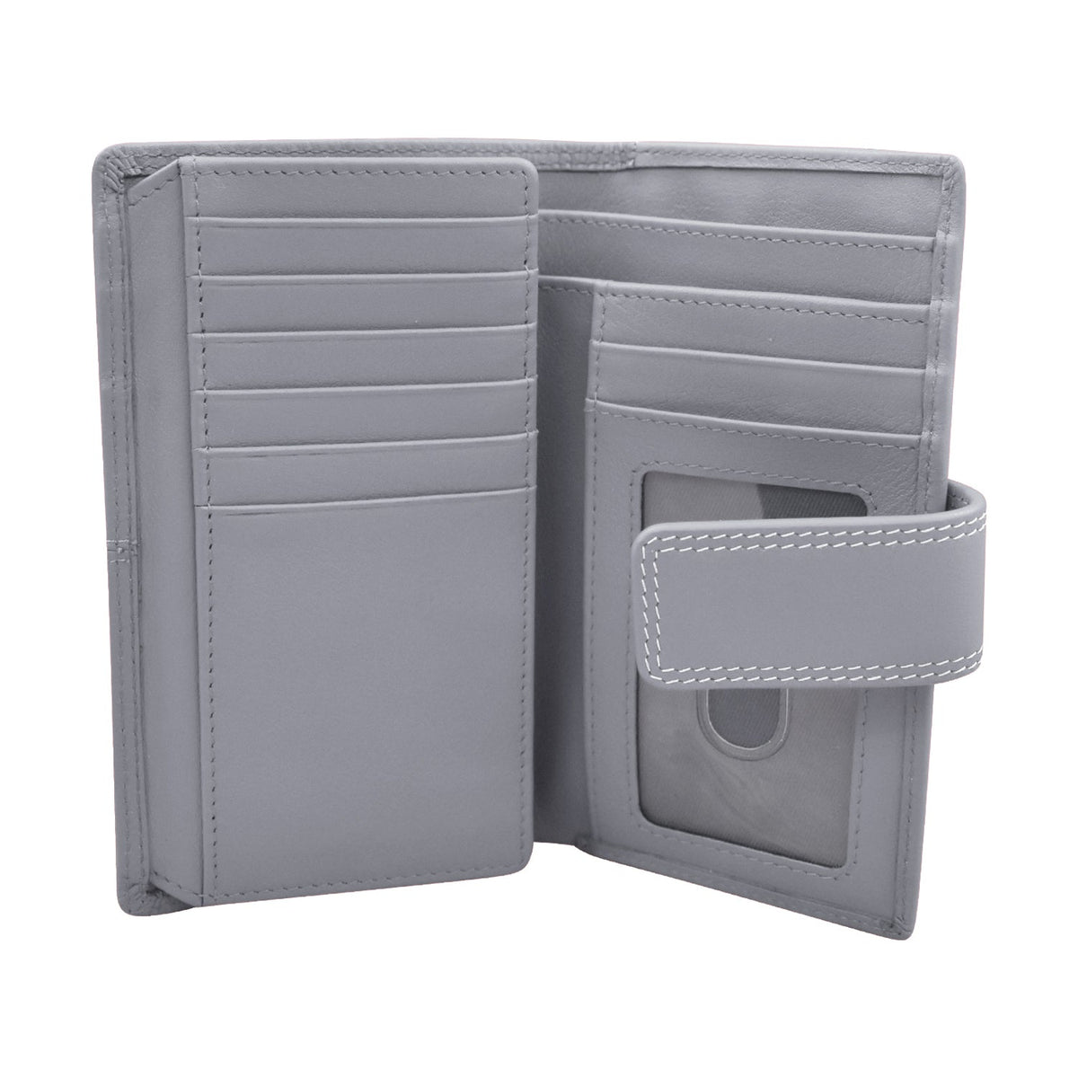Gray wallet with multiple card slots and a pocket on a white background