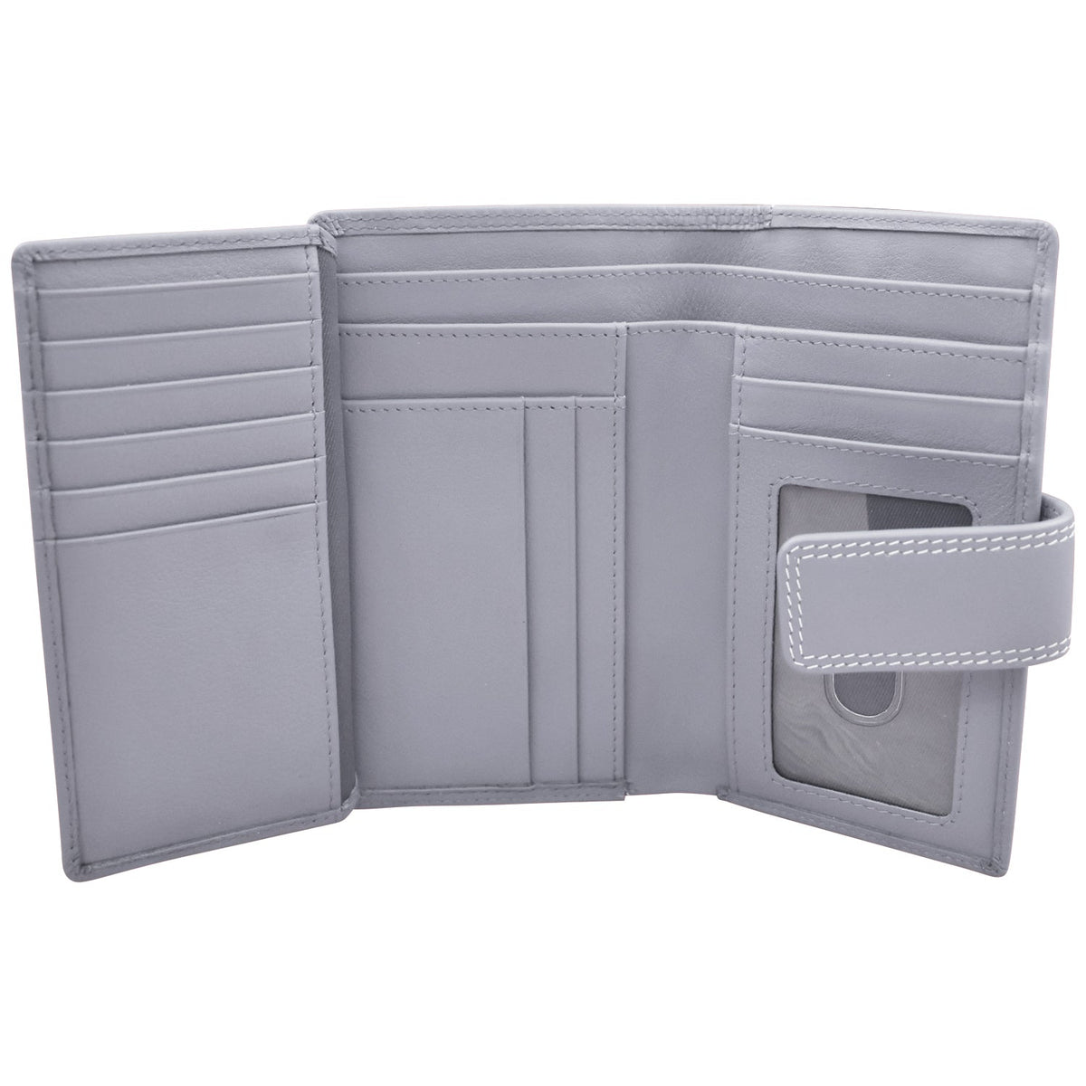 Gray leather wallet open on a white background