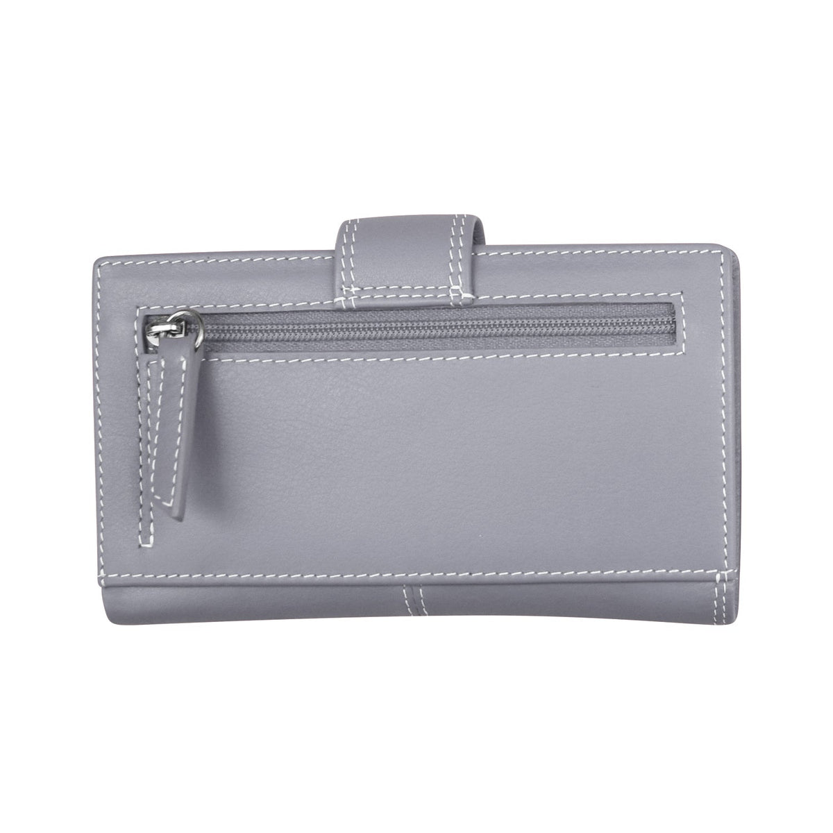 Gray wallet with white stitching on a white background