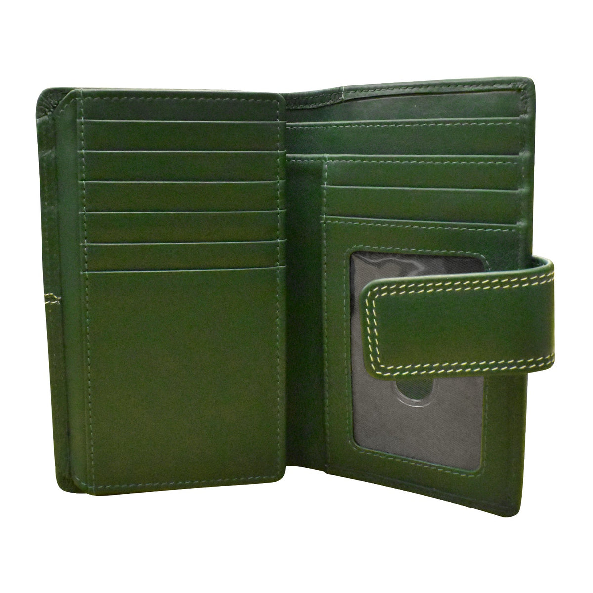 Green leather wallet open on a white background