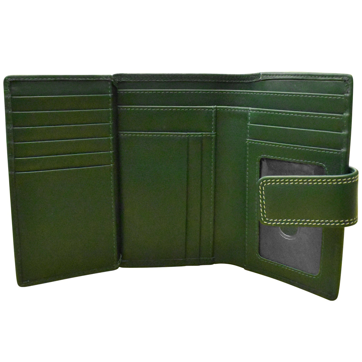 Green leather wallet open on a white background