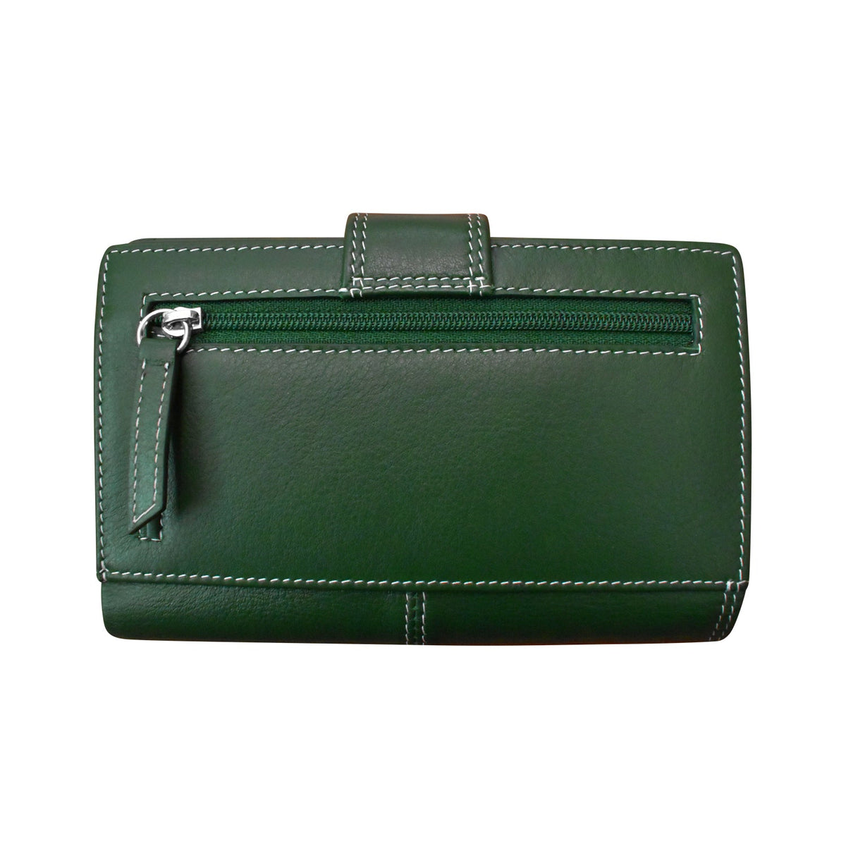 Green leather wallet with a zipper on a white background