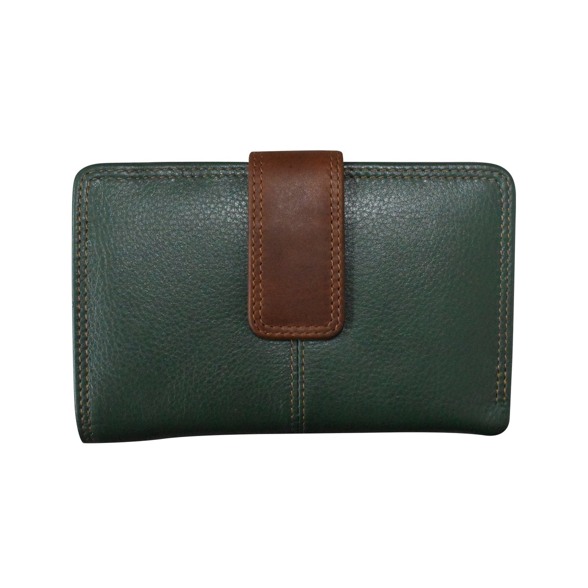 Green leather wallet with a brown strap on a white background