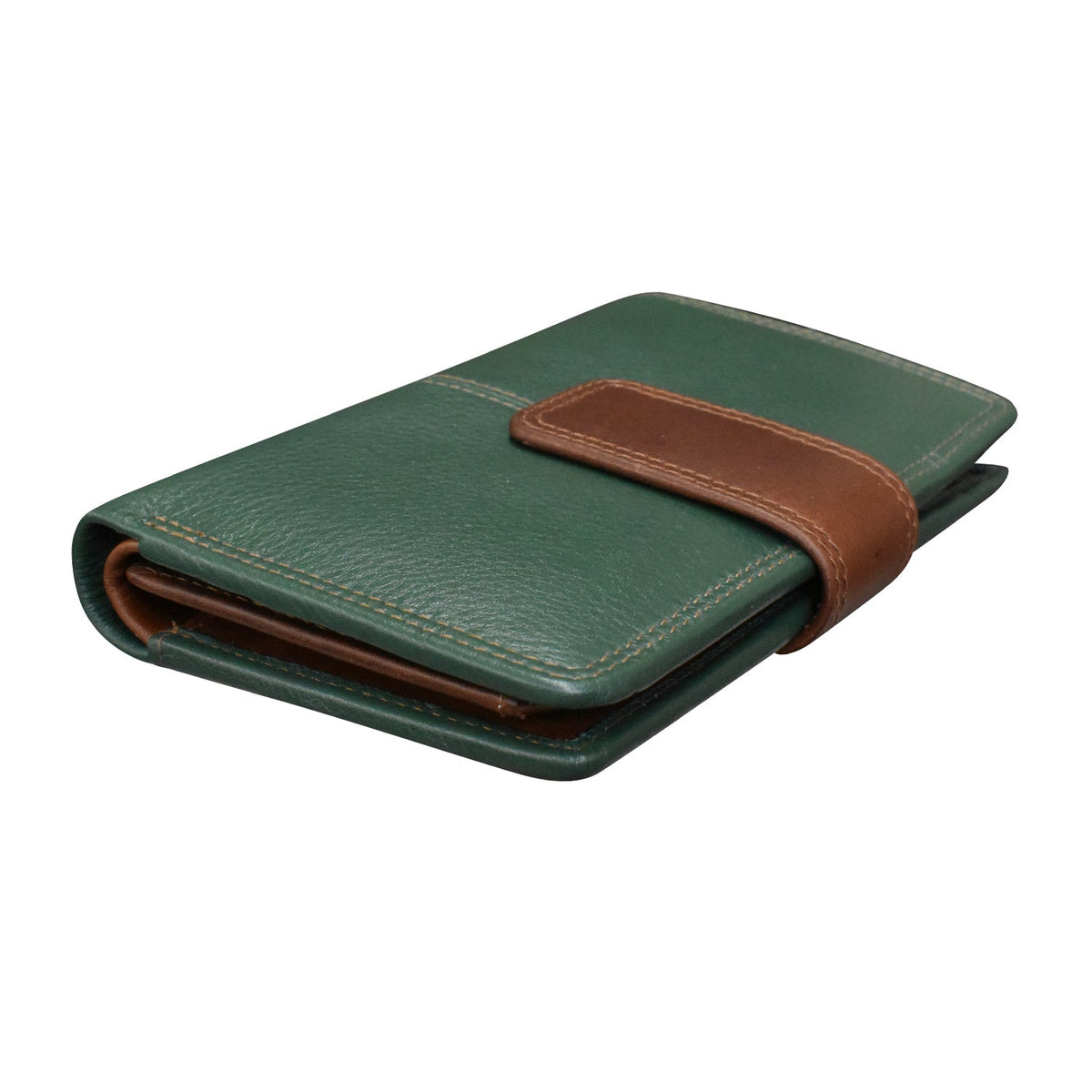 Green leather wallet with brown accents on a white background