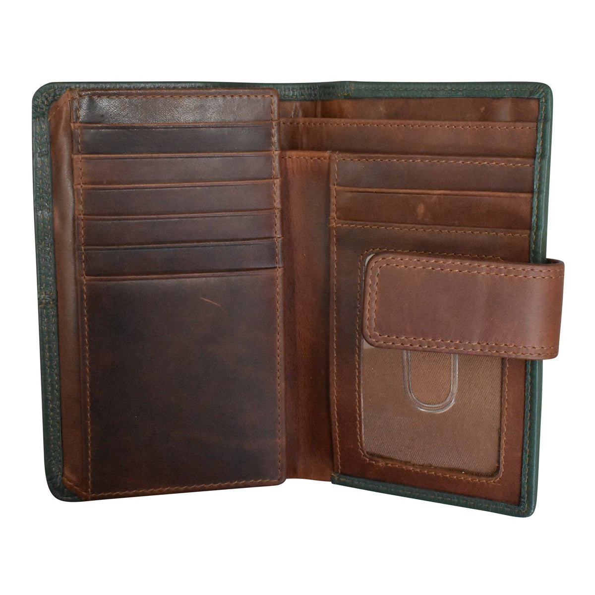 Brown leather wallet with green trim on a white background