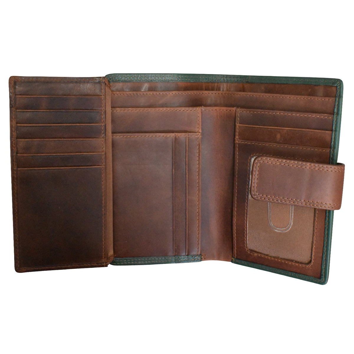 Brown leather wallet with multiple card slots on a white background