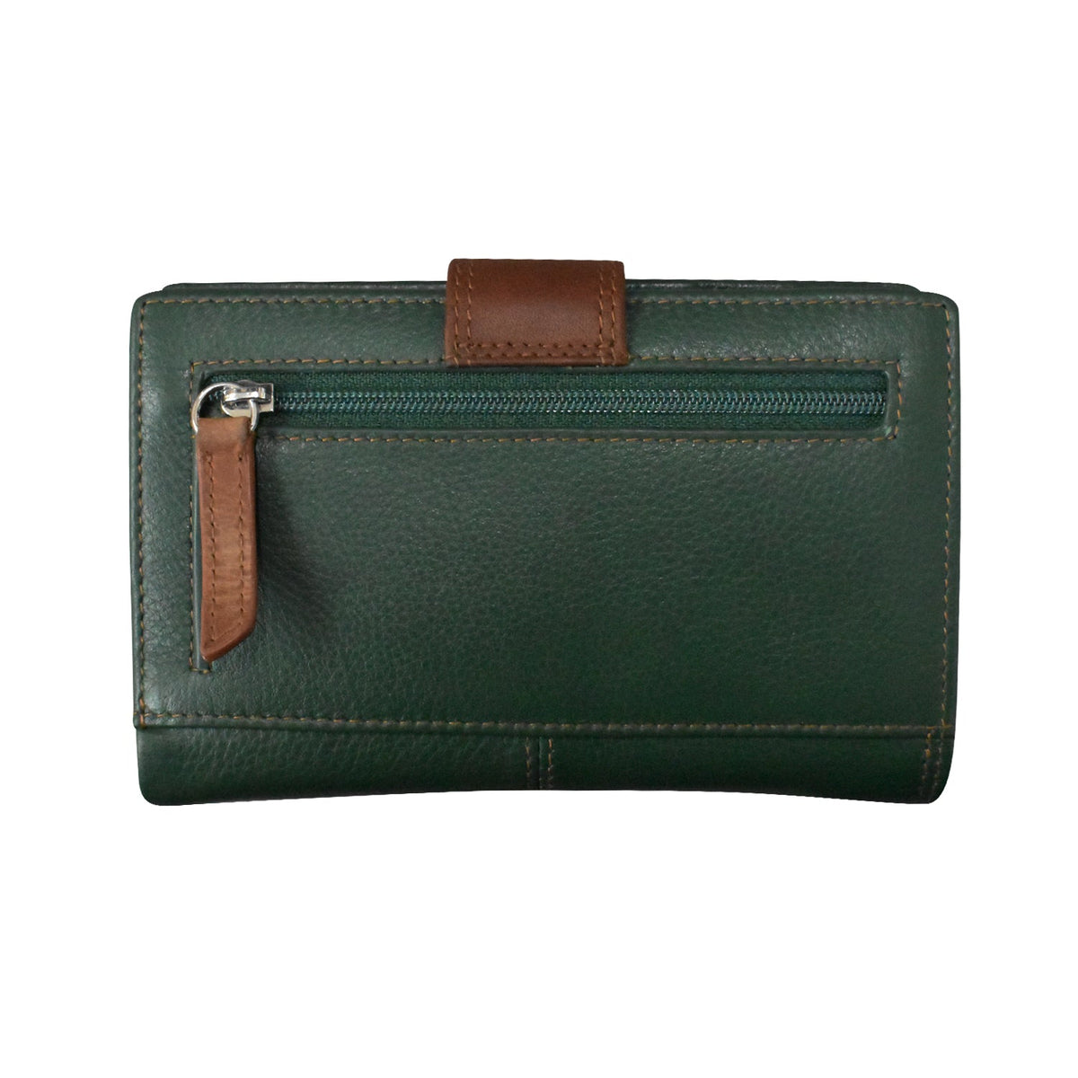 Green leather wallet with brown accents on a white background