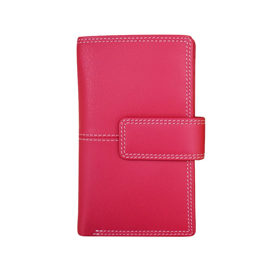 Pink leather wallet with white stitching on a white background