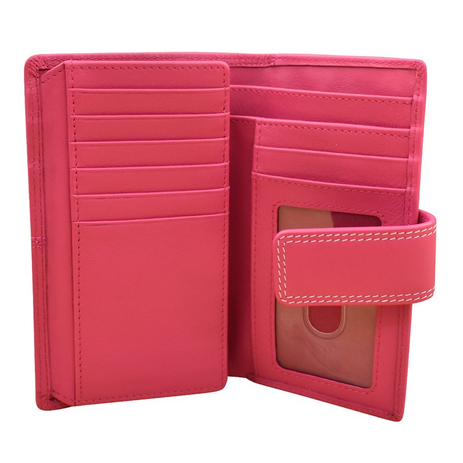 Pink wallet with multiple card slots and a clear window on a white background
