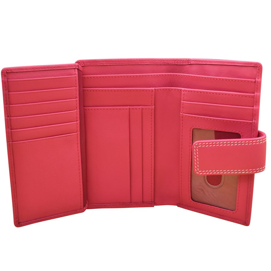 Red leather wallet open on a white background