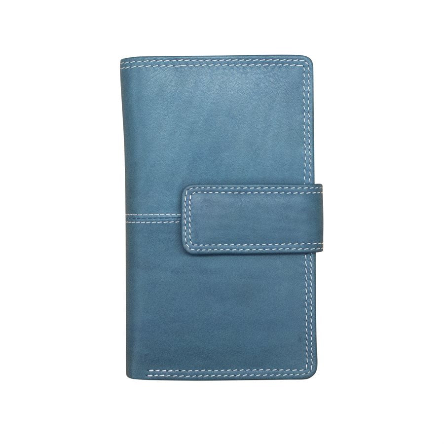 Blue leather wallet with stitching detail on a white background