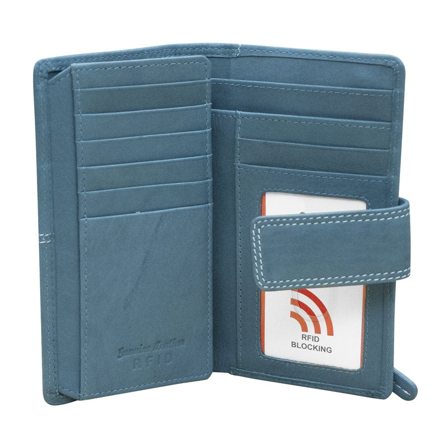 Blue wallet with card holder and RFID blocking feature on a white background