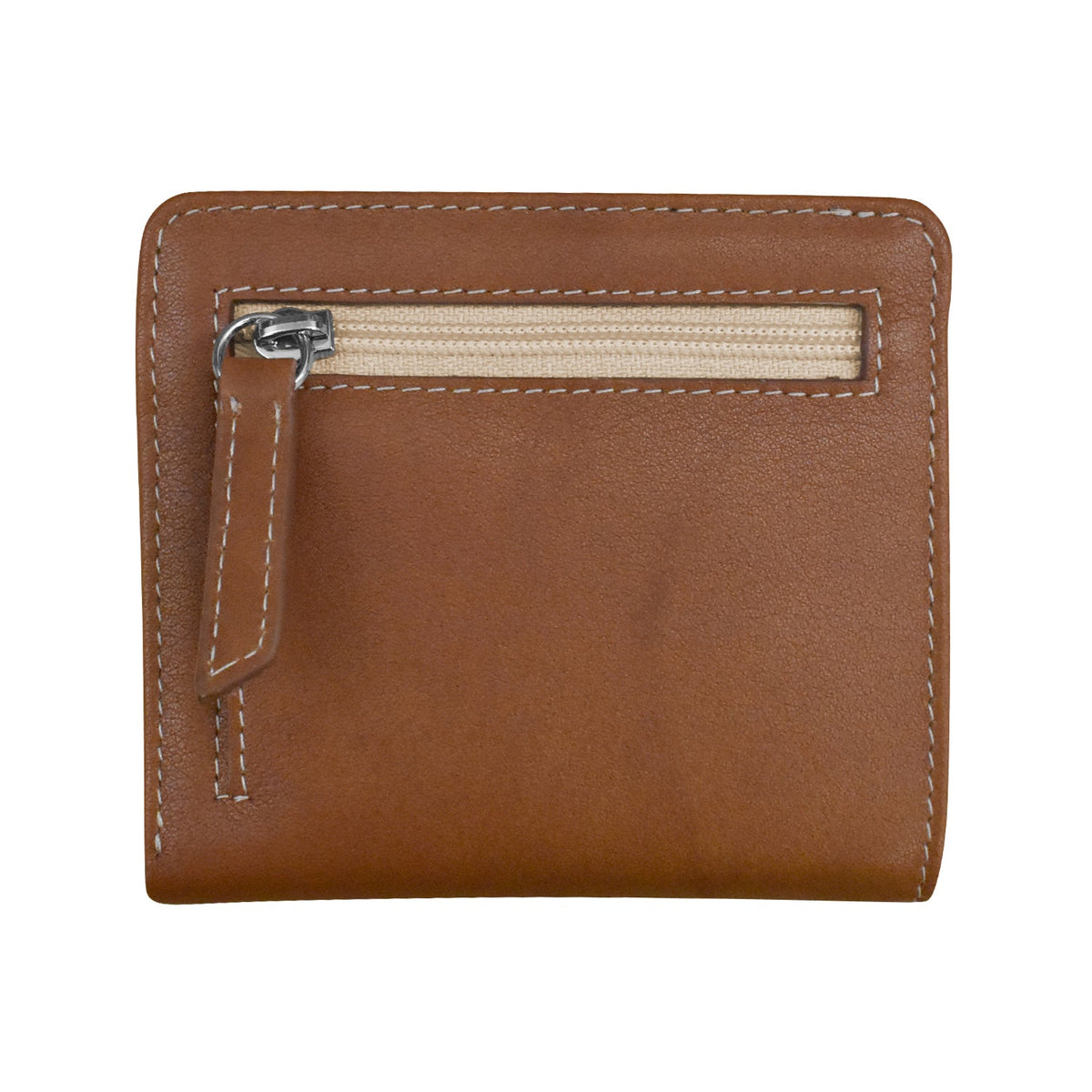 Brown leather wallet with a zipper on a white background