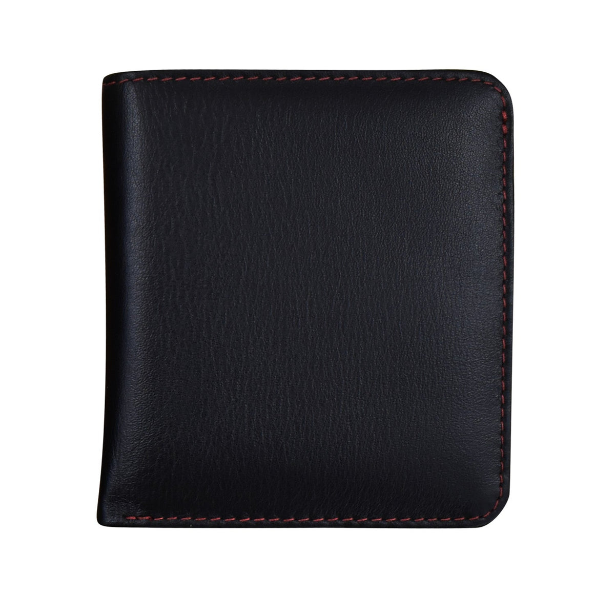 Black leather wallet with red stitching on a white background