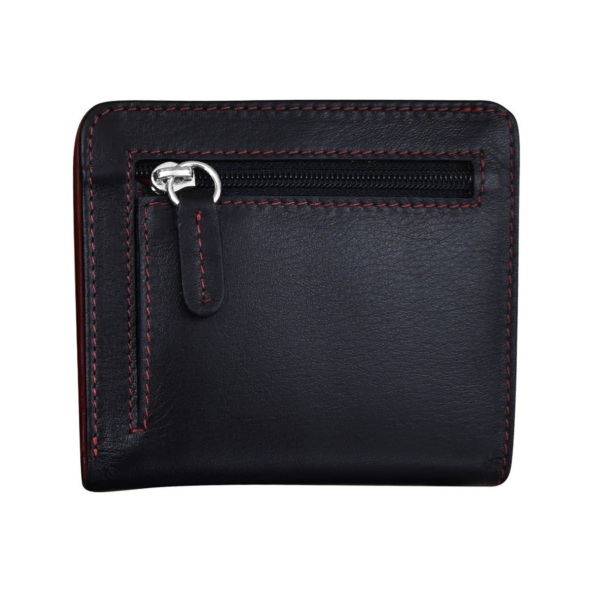 Black leather wallet with red stitching and a zipper on a white background