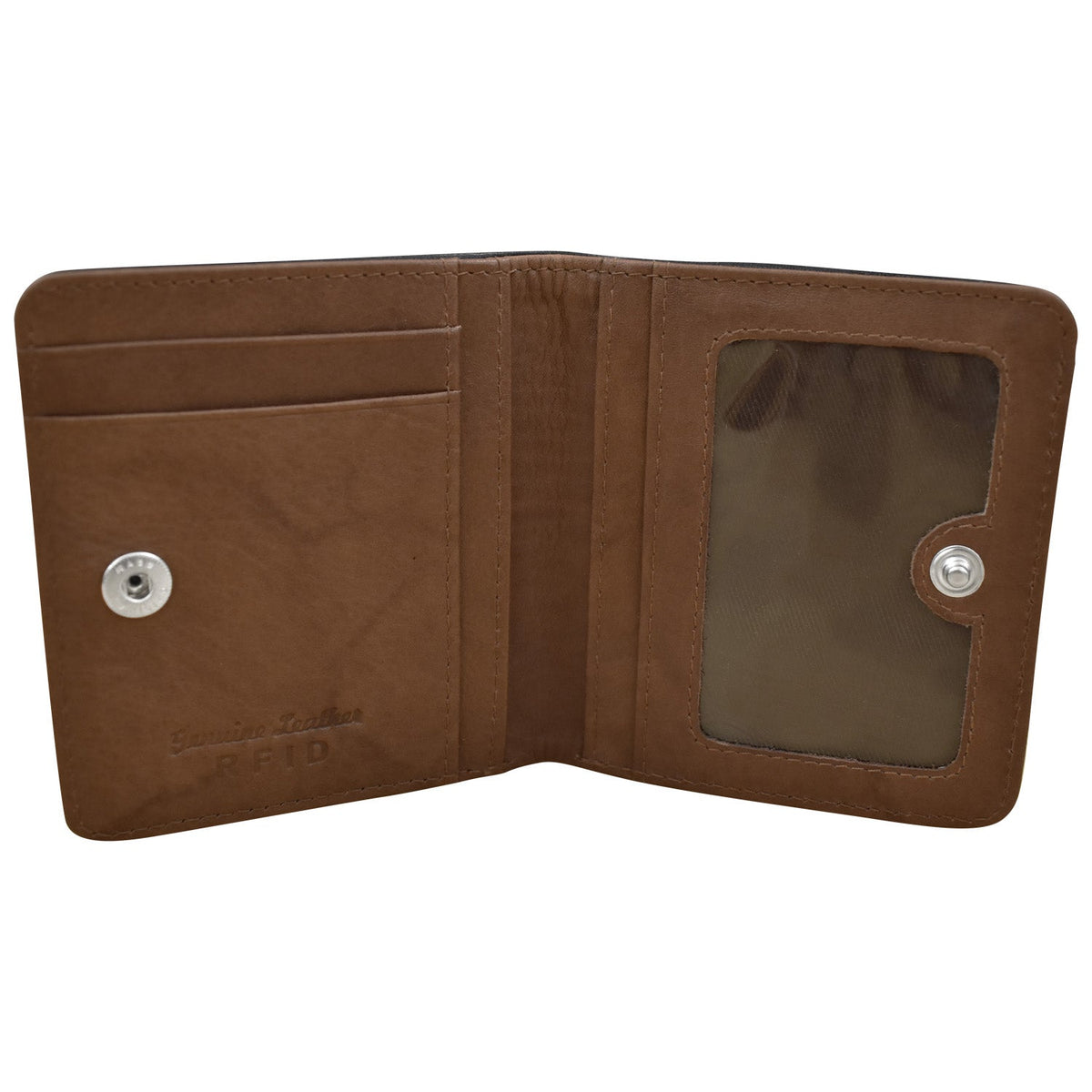 Brown leather wallet with a clear window on a white background