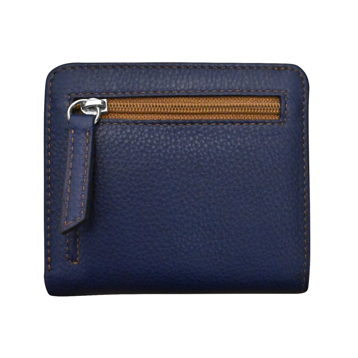 Blue wallet with a brown zipper on a white background