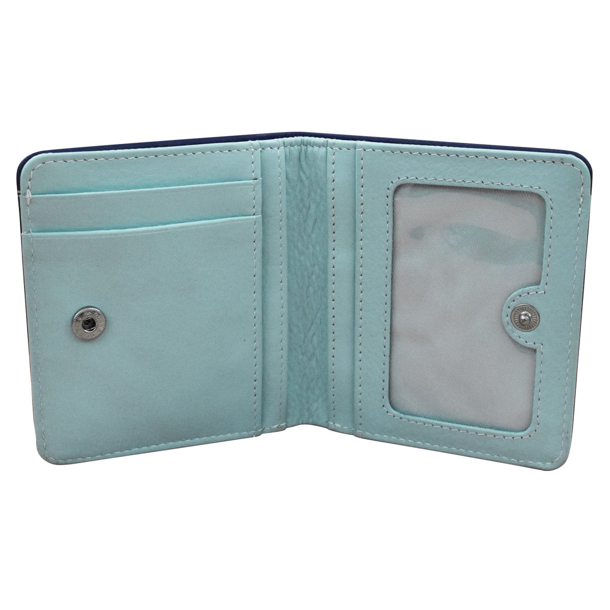 Light blue wallet with a clear window on a white background