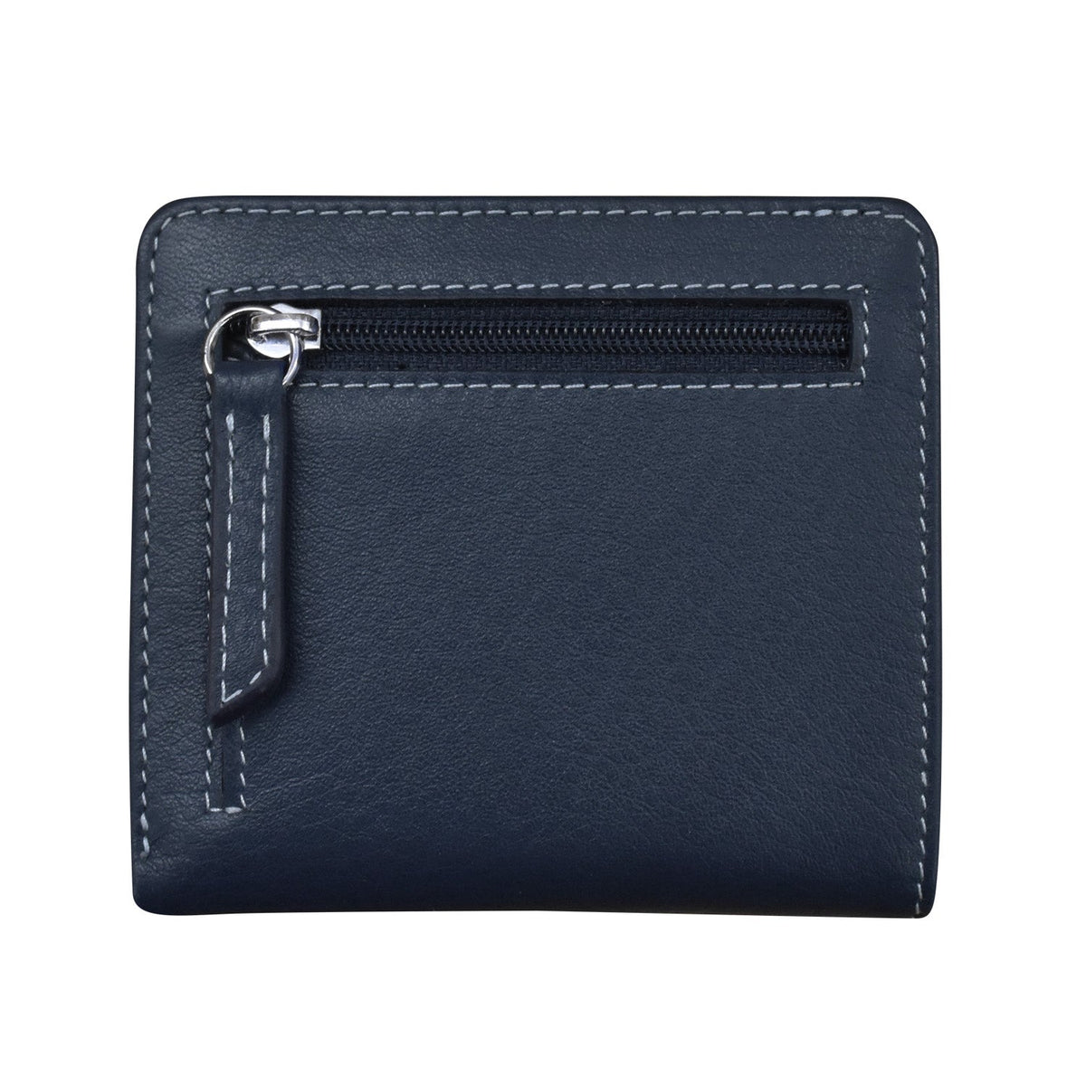 Navy blue leather wallet with a zipper on a white background