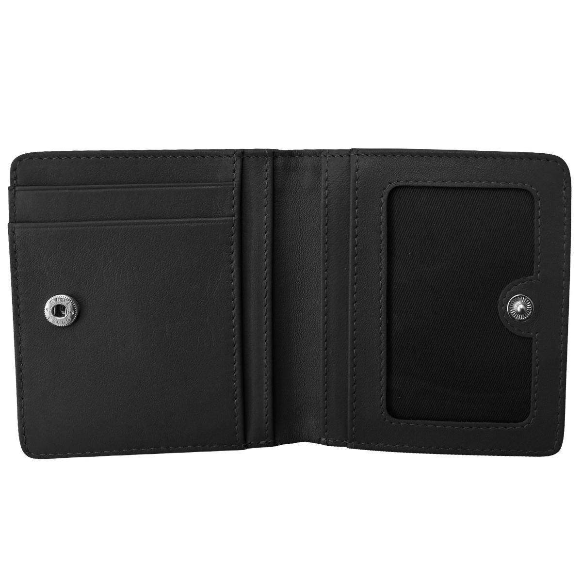 Black leather wallet open on a white background