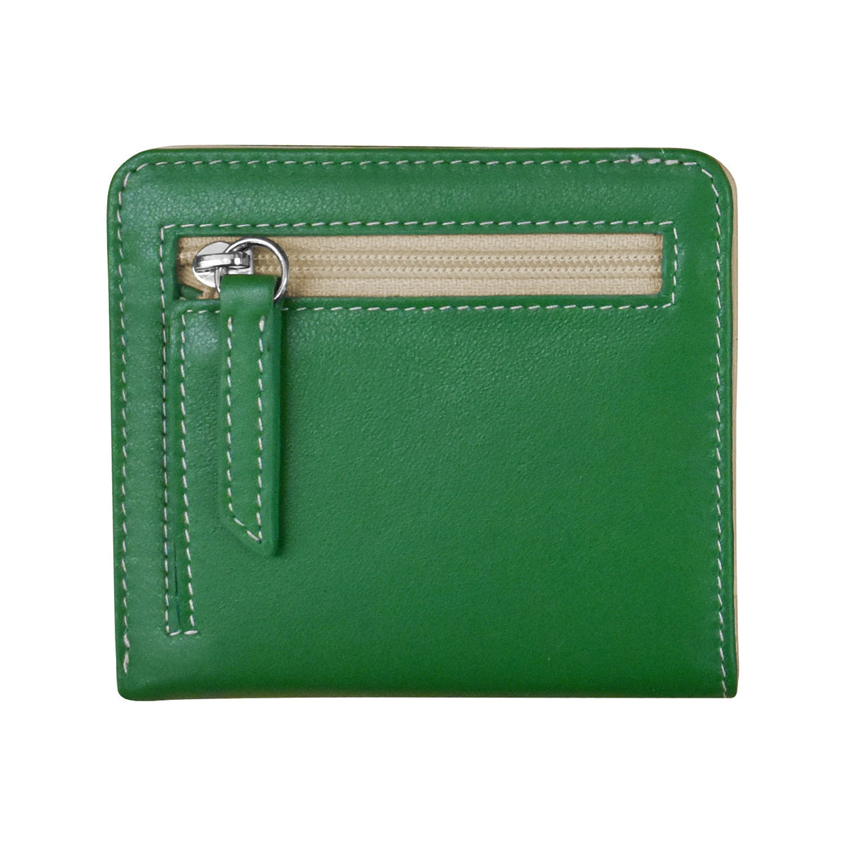 Green leather wallet with a zipper on a white background