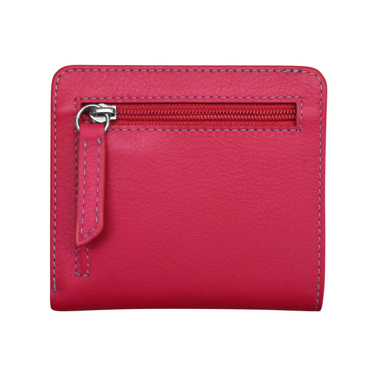 Red leather wallet with a zipper on a white background