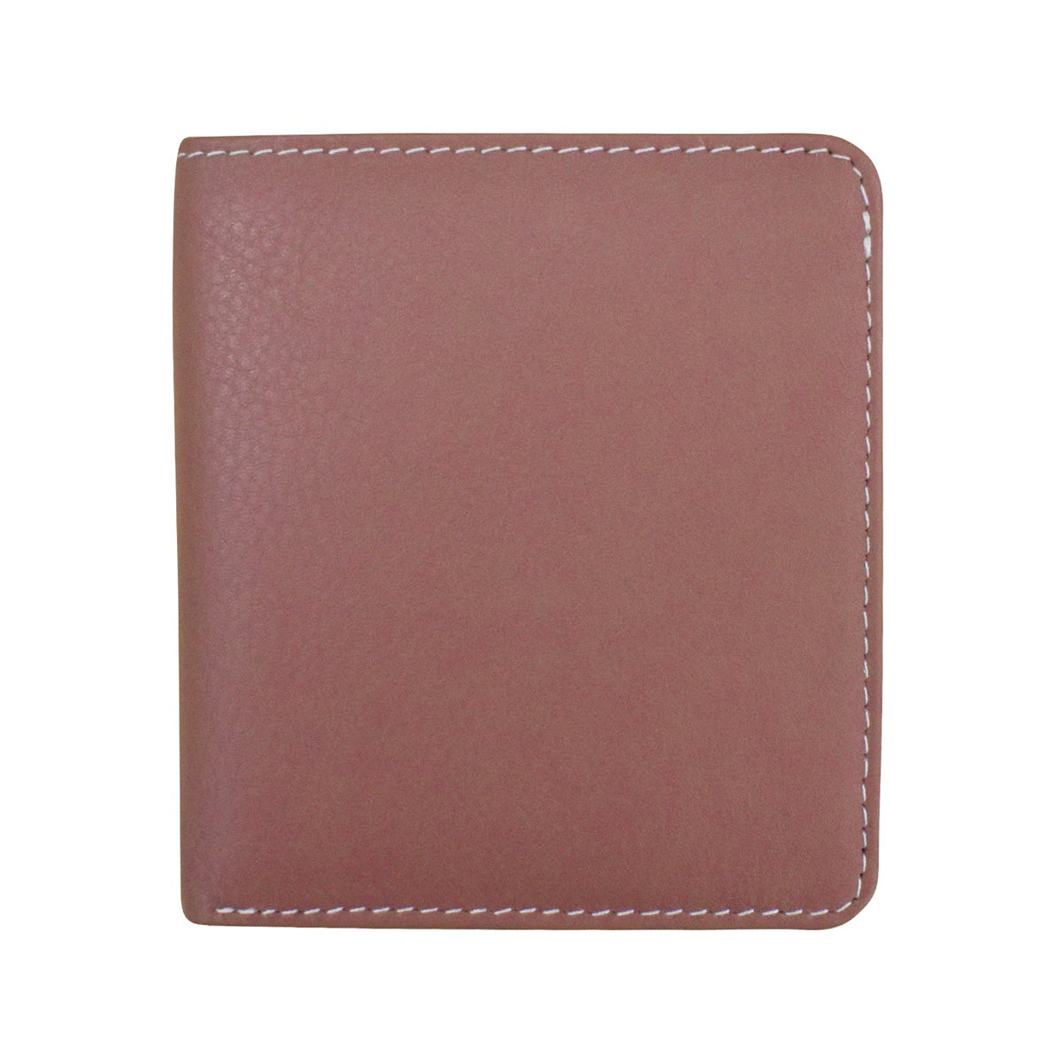 Brown leather wallet with white stitching on a white background