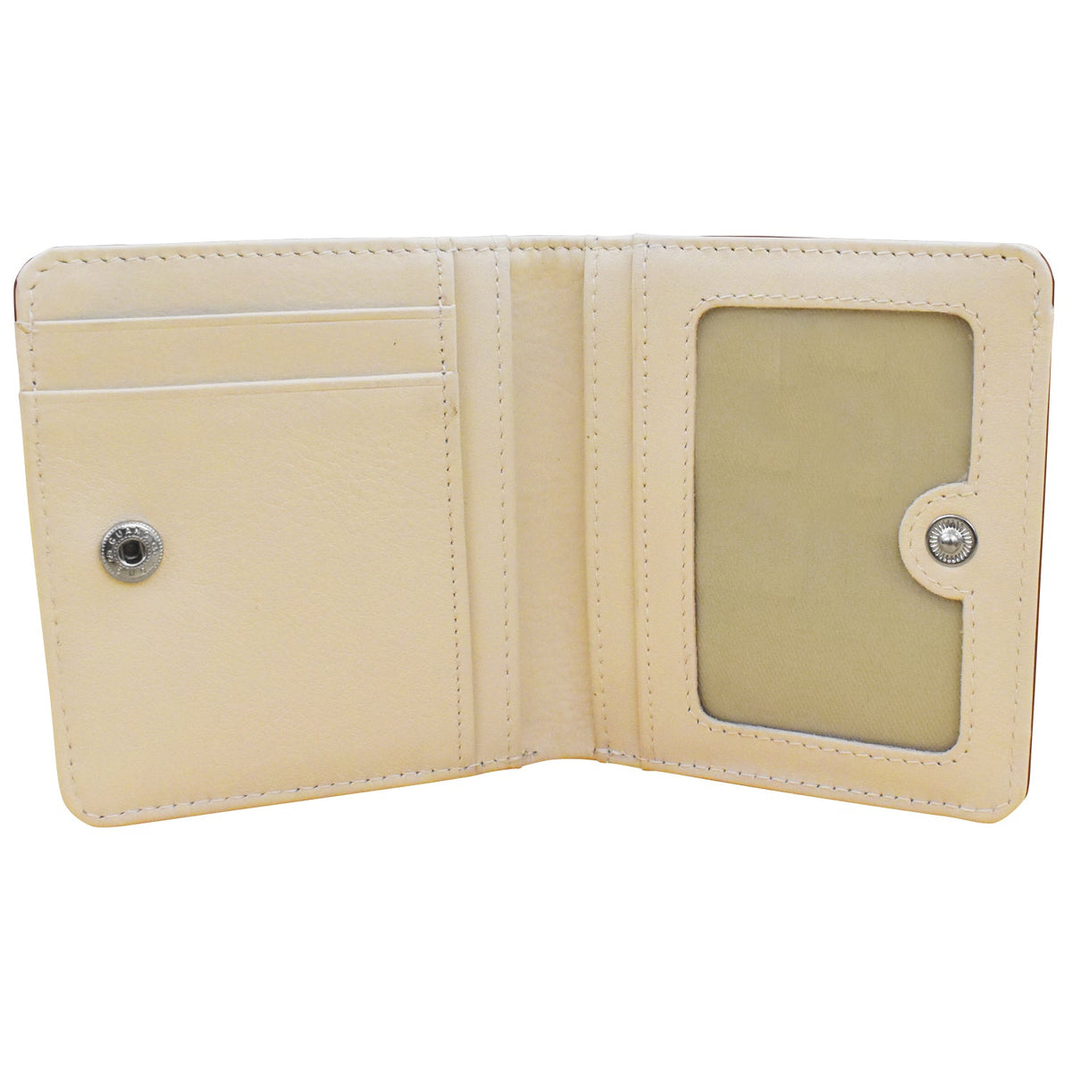 Beige wallet with a clear window on a white background