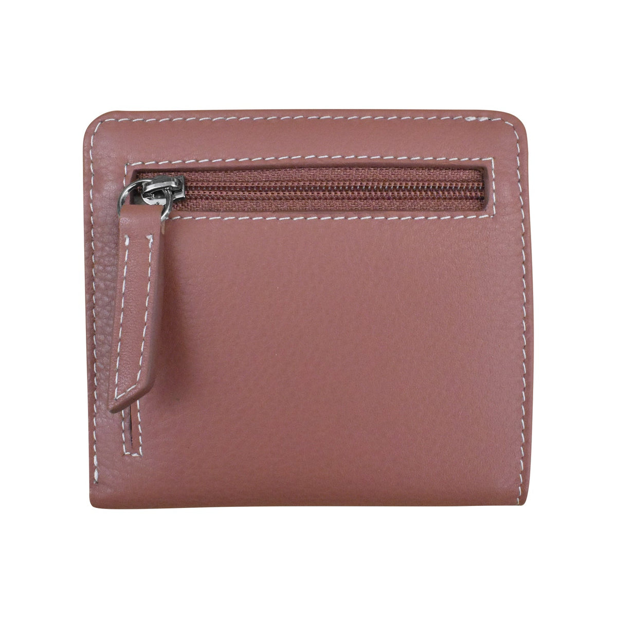 Pink leather wallet with a zipper on a white background
