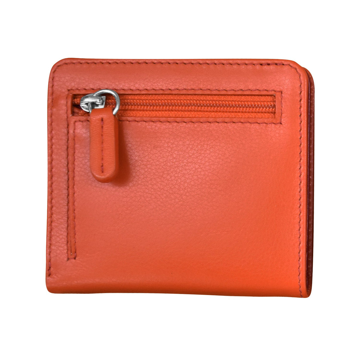 Orange leather wallet with a zipper on a white background