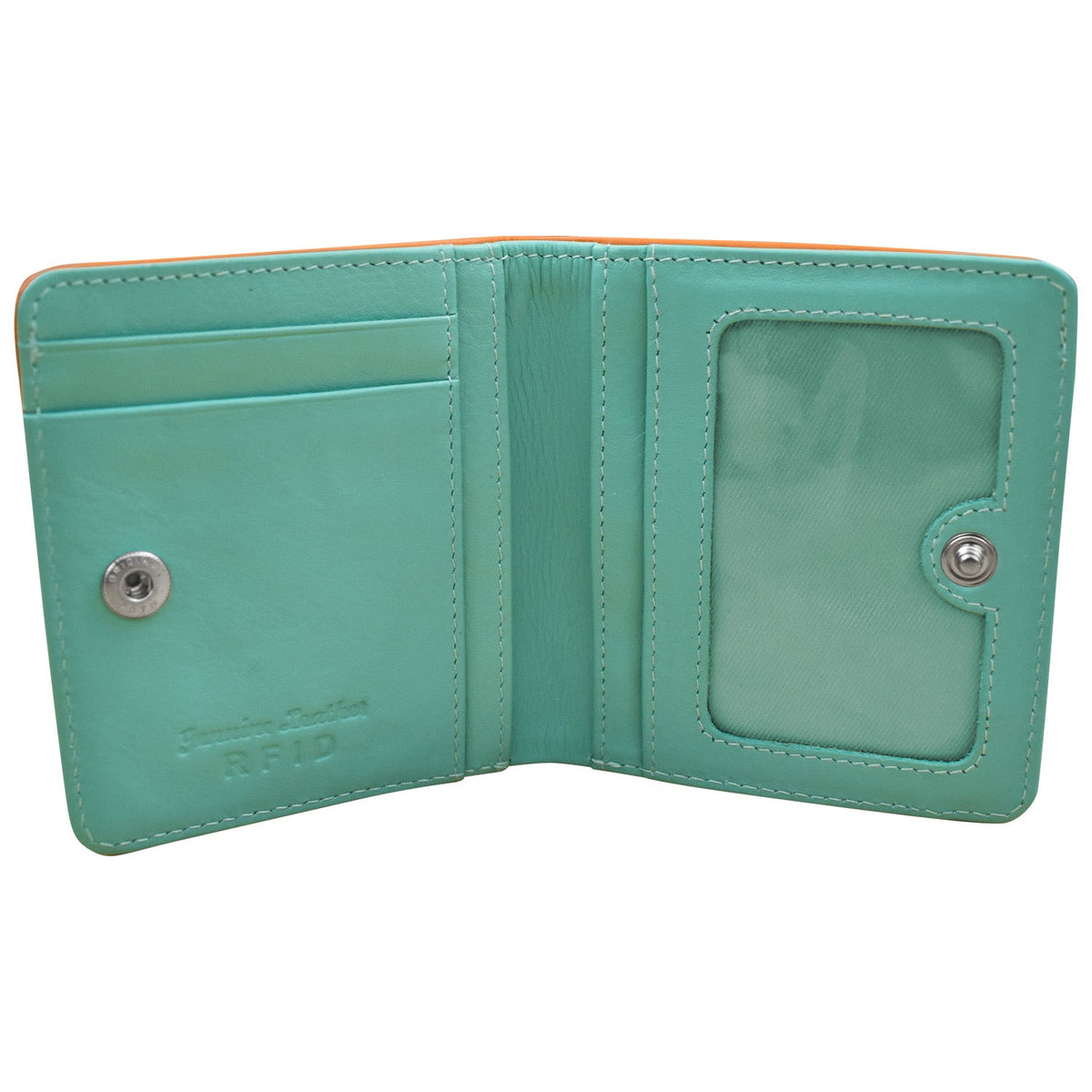 Open teal wallet with card slots on a white background