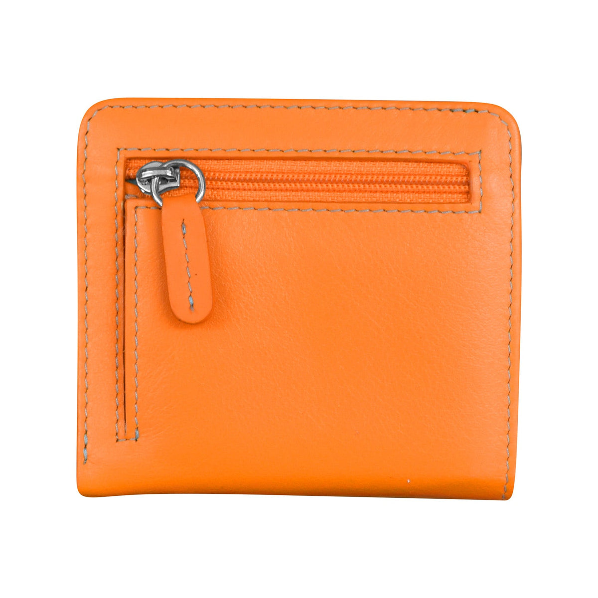 Orange leather wallet with a zipper on a white background