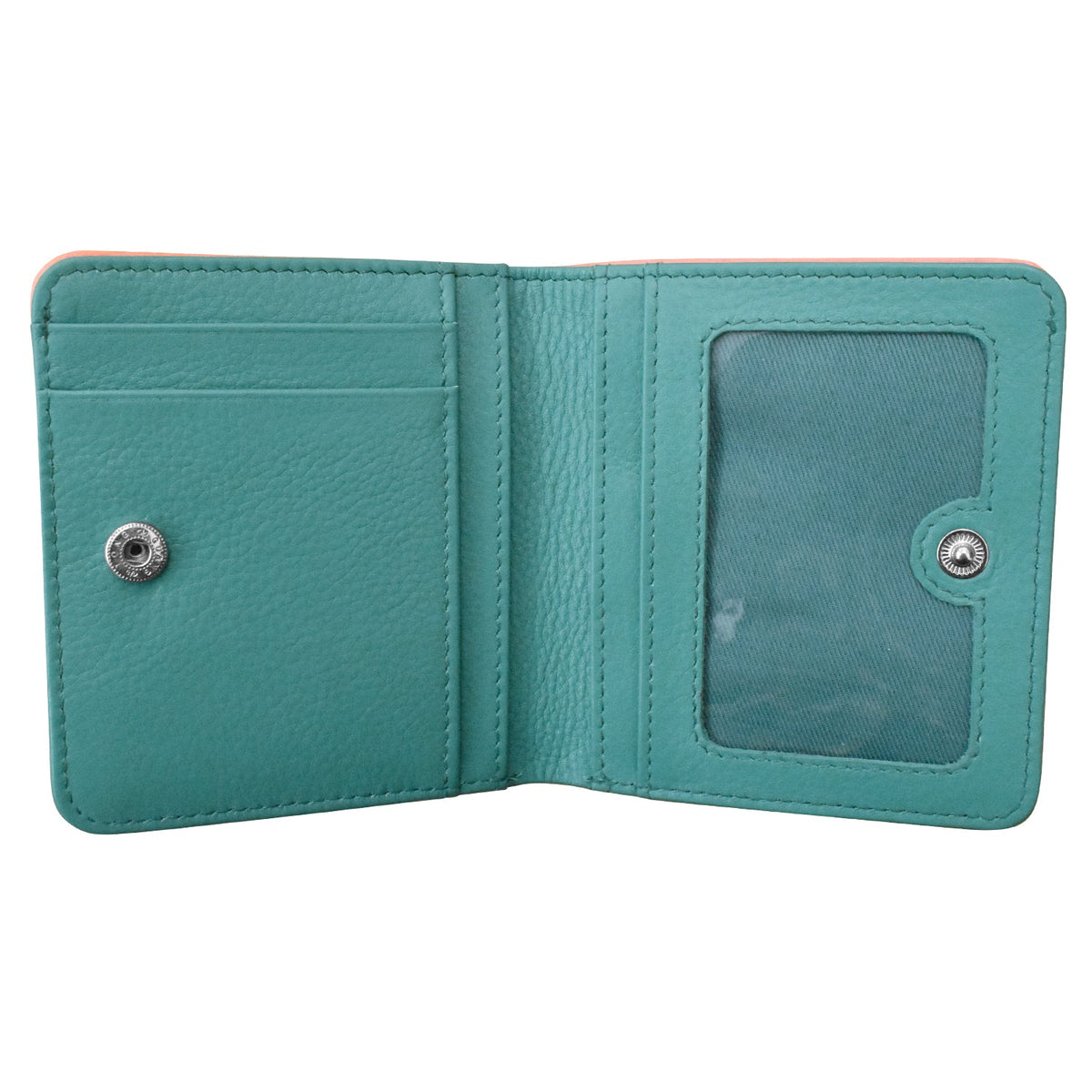 Teal leather wallet with a card holder on a white background