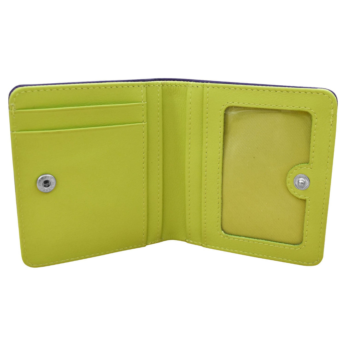 Open lime green wallet on a white background